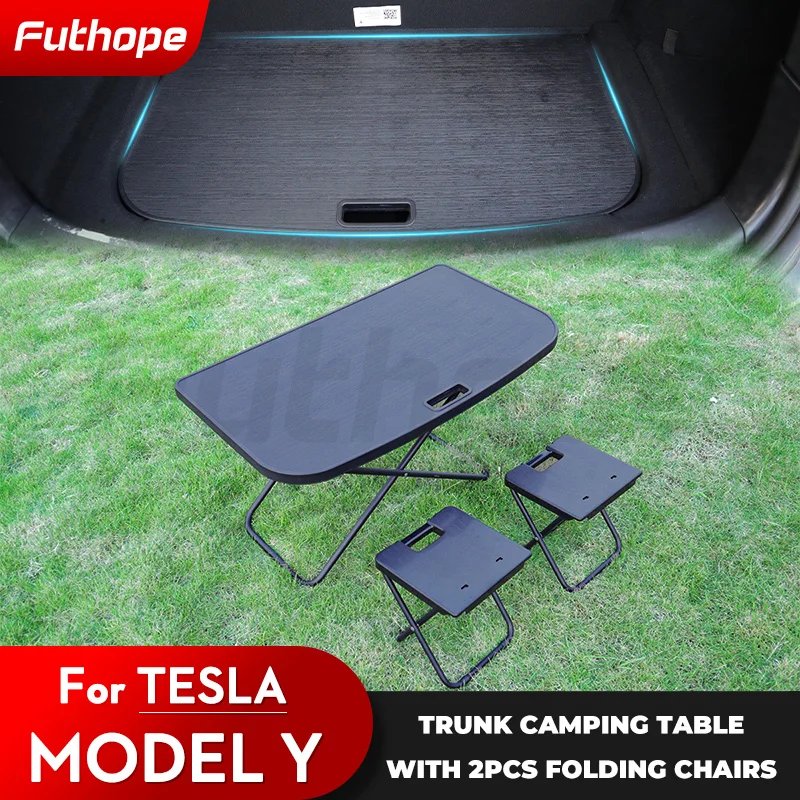 Futhope Portable Trunk Picnic Table for Tesla Model Y 2018-2024 Desk Trvael Folding Work Rest Camping Board with Two Chair