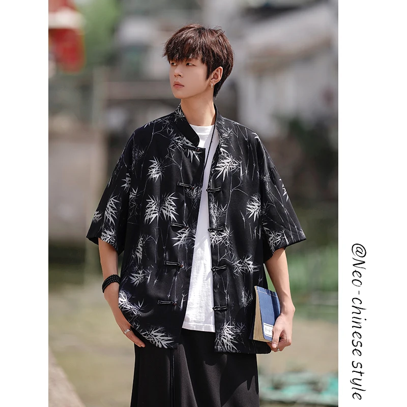 

Chinese Style Shirt Mens Tang Dress Hanfu Short Sleeve Shirt Male Bamboo Printing Kung Fu Outfit Loose Casual Tops M-XXXXXL