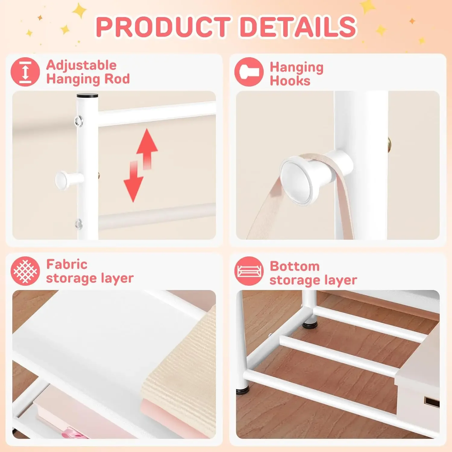 ราวแขวนเสื้อผ้าเด็กพร้อมชั้นวาง 2 ชั้นและราวปรับระดับได้, ตู้เสื้อผ้าเด็กสีขาวสำหรับแขวนเสื้อผ้า