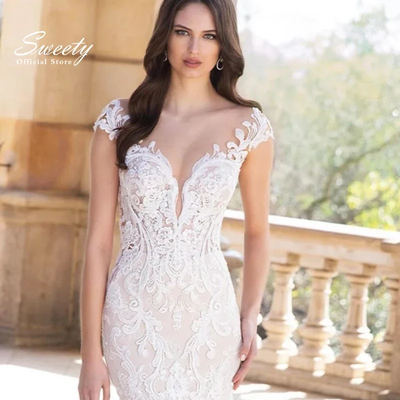 Modest Wedding Dress With Slim-Line Mermaid Lace O-Neck Sleeveless Bride Dress Back Button Customized Robes De MariéE Ball Gown