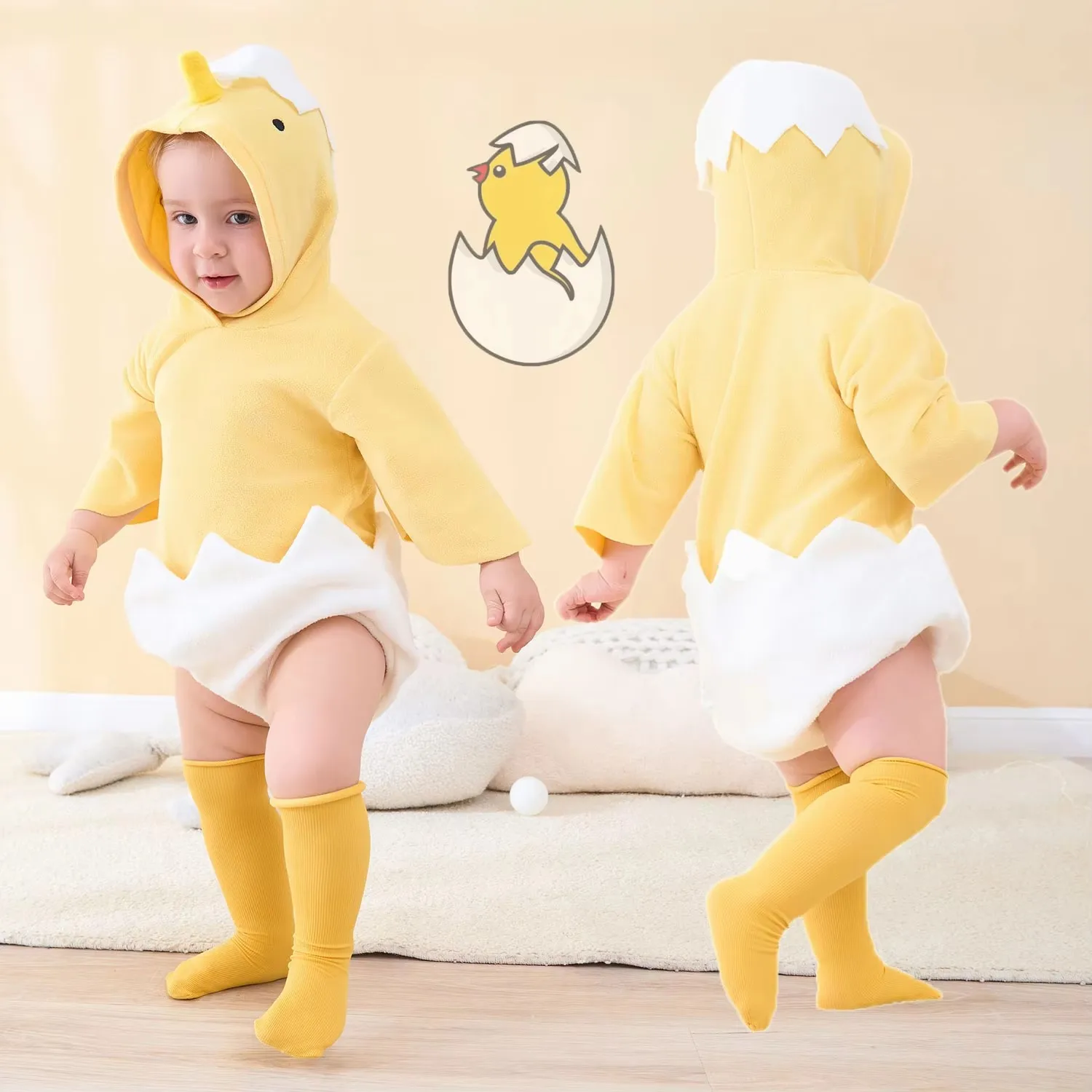 Halloween Yellow Baby Cute Chicken Hooded Romper Newborn Hatching Design Jumpsuit For Infant Soft Fleece Bodysuit Outfit 6‑24M