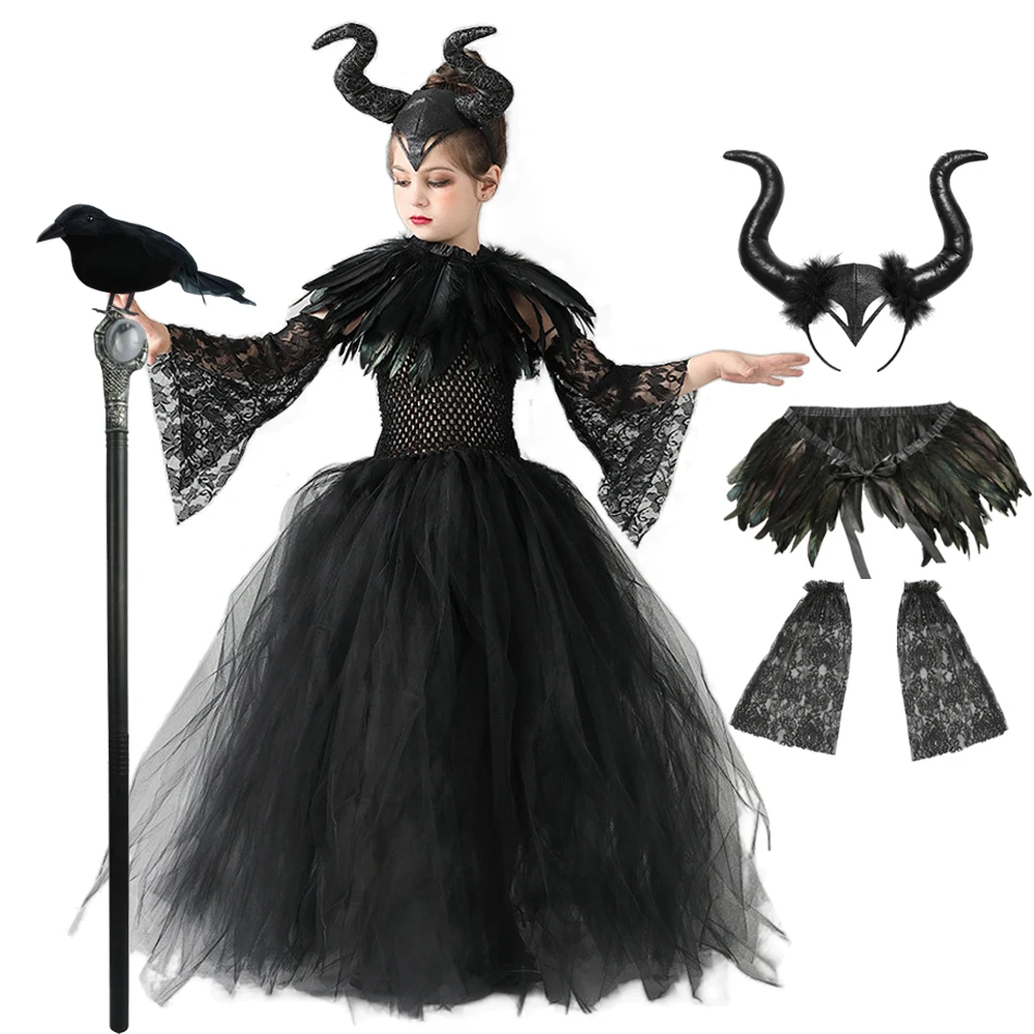 2024 Maleficent Dark Queen Halloween Christmas Girl Costume Deluxe Black Glam Dresses Kids Ball Gown Robe Cosplay Clothes