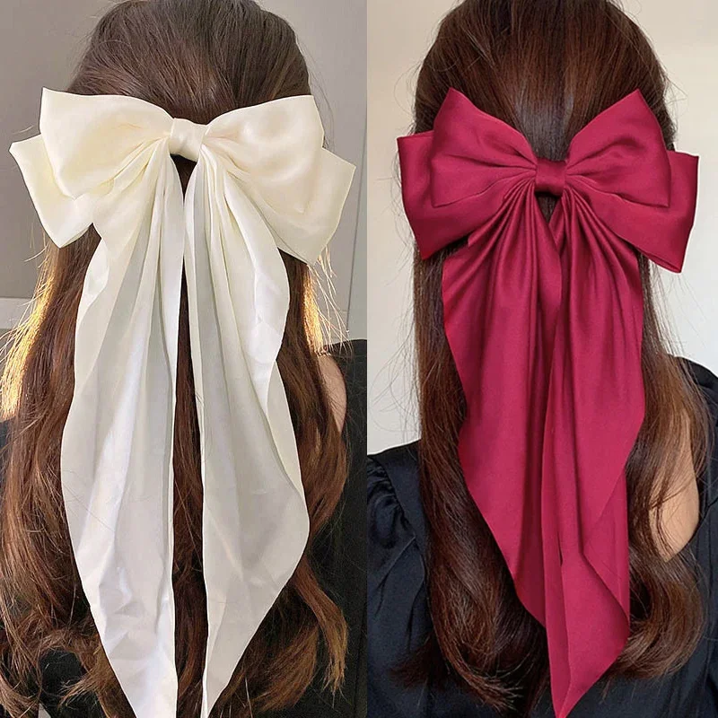 Elegant Bow Ribbon Hair Clip Fashion Simple Solid Satin Spring Clip Hair Pin Retro Headband with Clips Girls Hair Accessories