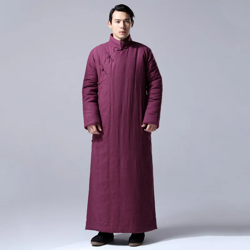 

Men's Chinese Style Long Robe Thickened Cotton Linen Quilted Cotton Coat Traditional Asian Winter Outerwear​