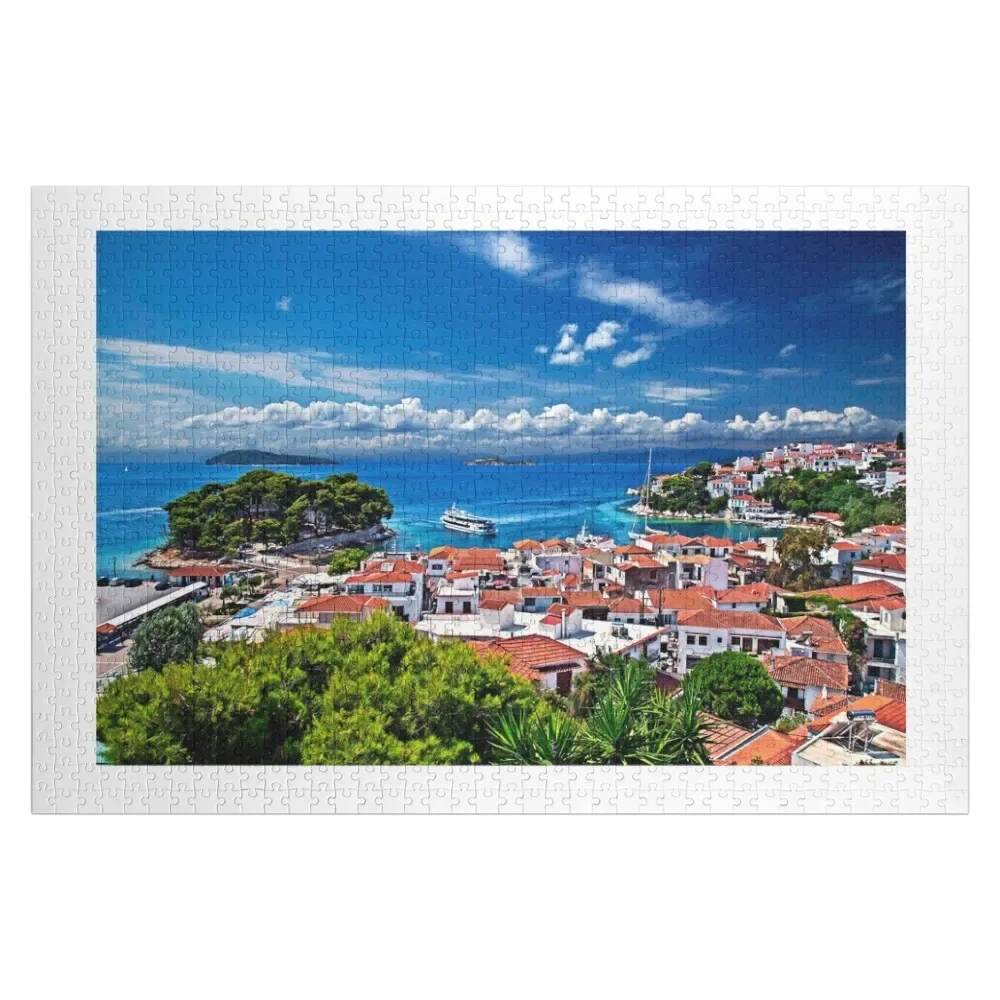 

Старый порт пазла Skiathos, настраиваемый подарок ребенку, деревянная головоломка с именем