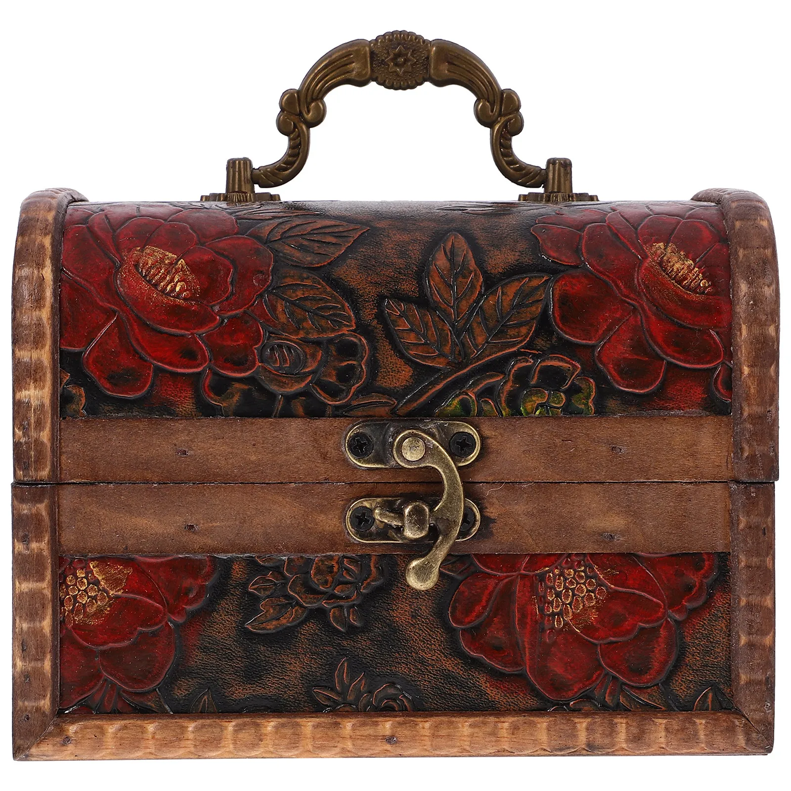 

Small Wooden Treasure Chest Jewelry Case Flower Carved Latch Retro Jewelry Storage Box for Rings Earrings Necklaces Bracelets