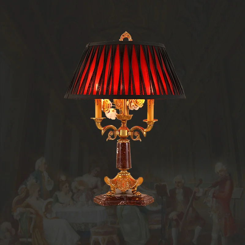 French classical style handmade lost wax all copper marble table lamp red lampshade living room bedroom bedside lamp