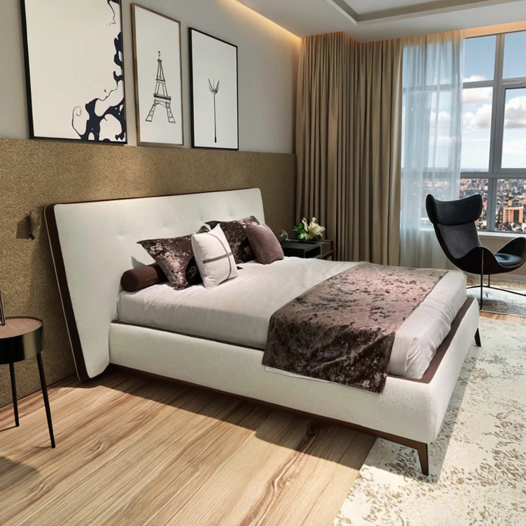 Designer Model Room Bed Wide-Screen Cotton Linen Fabric Large Flat Floor for Double Master Home Furniture