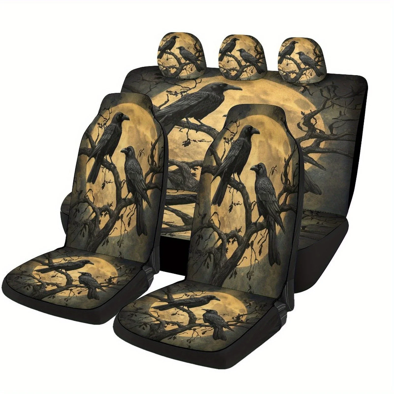 Ravens In Moonlight Themed Car Seat Cover Set For Most Cars, Fashion Personalized Novelty Car Seat Protector Covers Full Set, Un