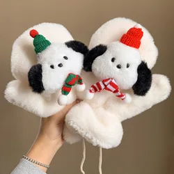 Christmas Wind Puppy Plush Gloves Girl Women Keep Warm Winter Thickened Plush with Fingers for Students Their Necks Prevent Cold