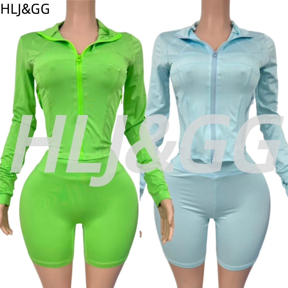 HLJ & GG カジュアルスポーティスキニーショーツ 2 点セット女性ジップ長袖スリムトップ + ショーツ衣装夏の新しいストレッチジャージ
