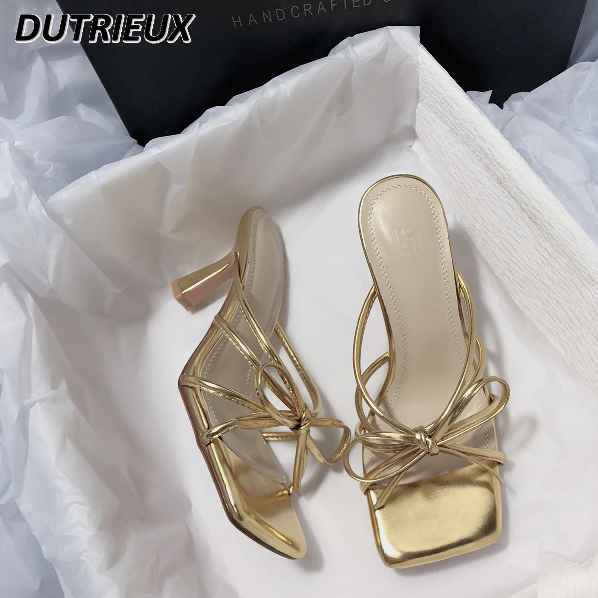 

Fashion 2024 New Summer Leather Elegant Women's Shoes Outdoor Bow Flip Toe Holiday Sweet Cute High Heels Sandals for Lady