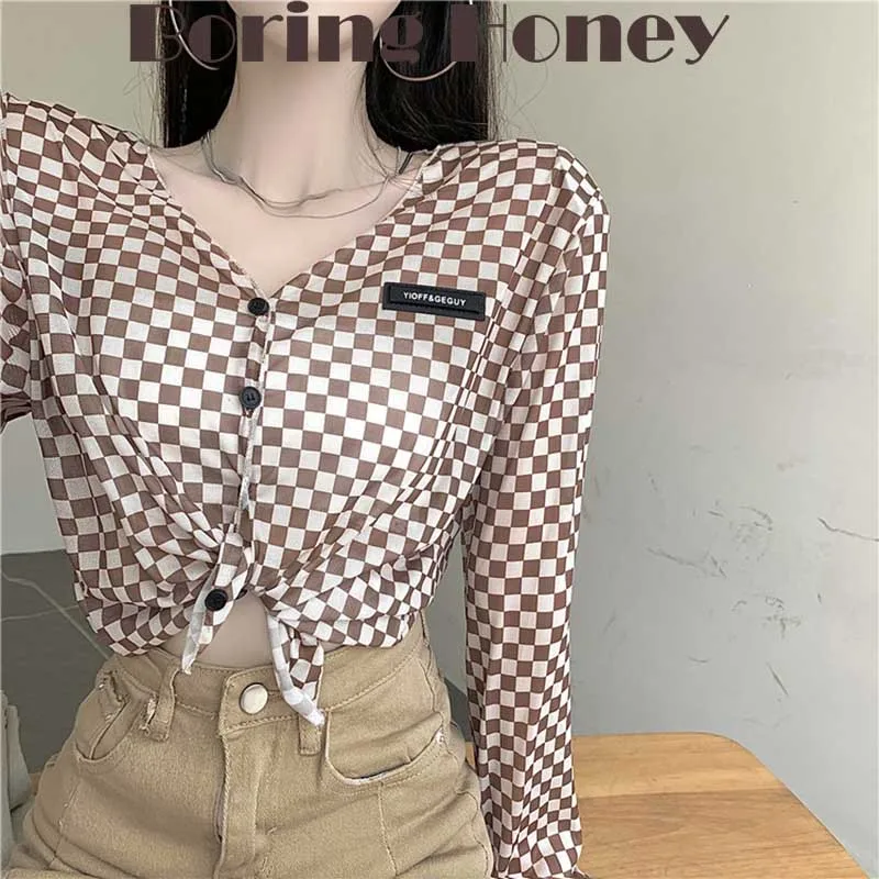 

Boring Honey Blouses And Shirt Summer Clothes For Women Fashion Chequer Long Sleeves V-Neck Sunscreen Clothing Mesh Garment Tops