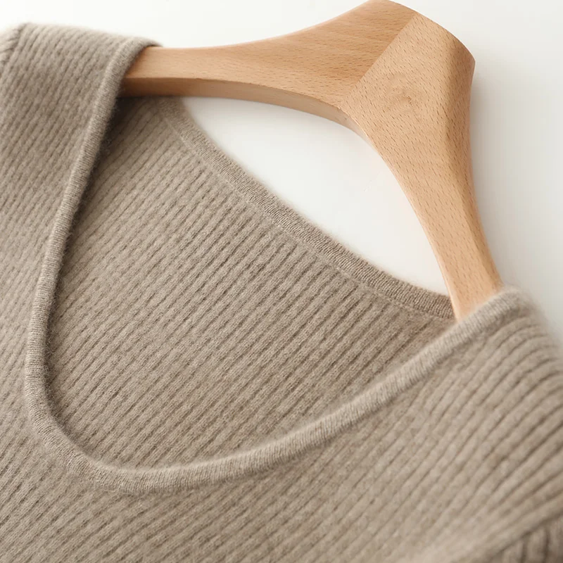 VU Collar Slim Fit 100% Merino Wool Women\'s AutumnWinter New Style Long Sleeved Warm Solid Color Pullover Fashionable Knit Dress