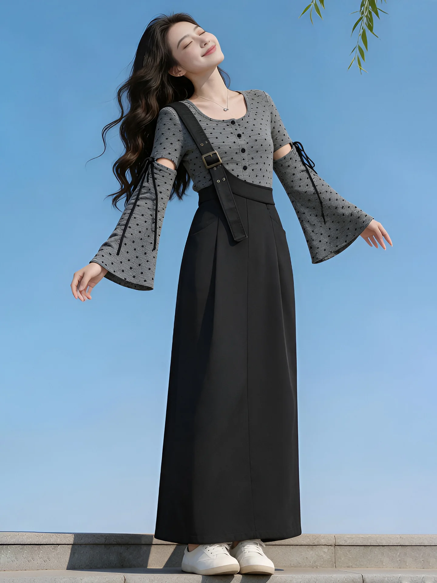 

Slimming Polka Dot Top And Denim Skirt Set Women's Fashionable Anti-Aging Summer Outfit High Waist Long Sleeve round Neck Design