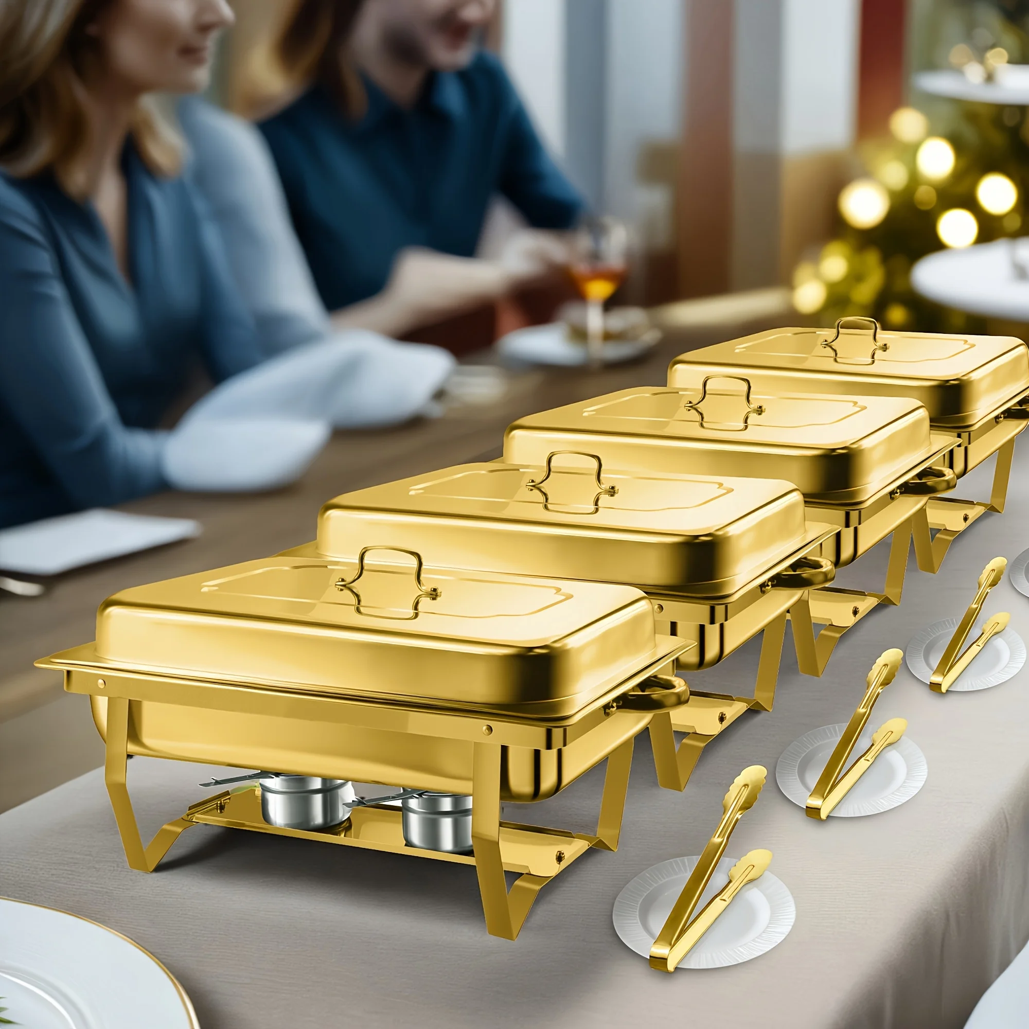 6 قطع من صينية خبز البوفيه، مجموعة بوفيه صينية خبز ذهبية سعة 8 لتر بالحجم الكامل، صينية خبز فاخرة من الفولاذ المقاوم للصدأ سخان طعام للحفلات