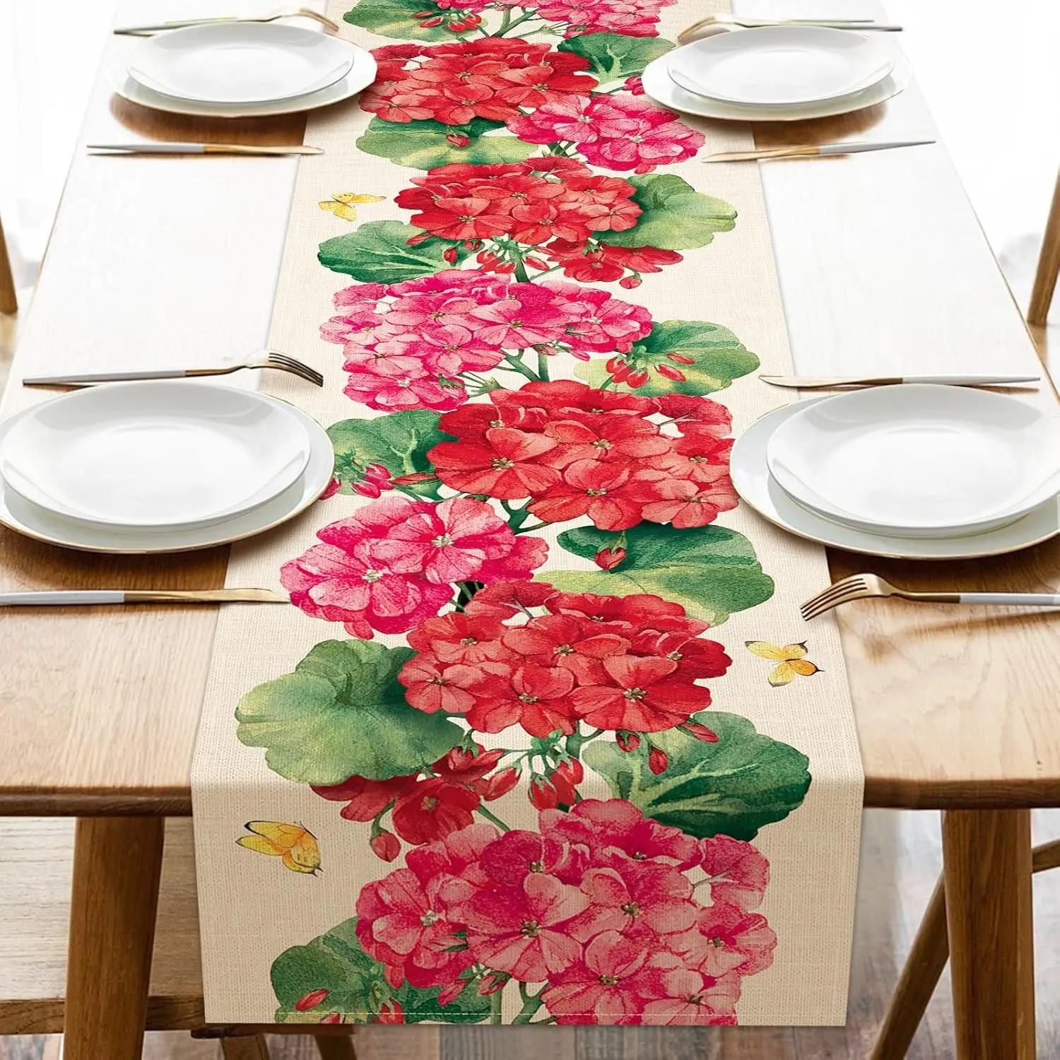 Spring Geranium Flower Linen Table Runner Wedding Party Decor Summer Red Floral Butterfly Table Runner Dresser Scarf Table Decor