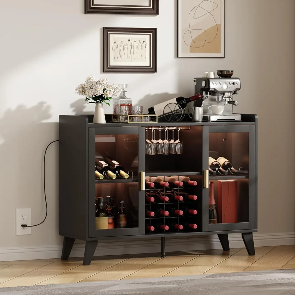 Contemporary LED-Illuminated Wine Buffet with Storage Racks and Glass Holders, Compact Home Coffee Bar with Whiskey Display