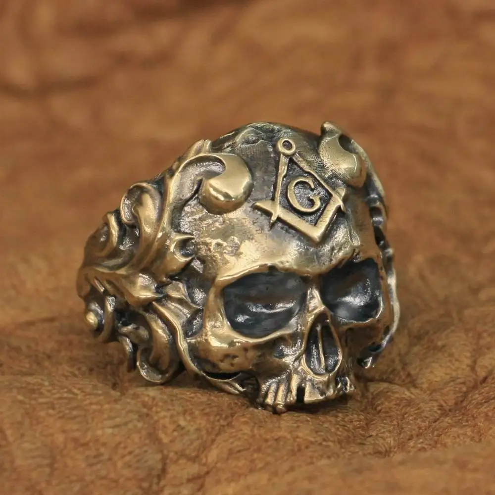 Brass Details Masonic Skull Ring Biker Rock Punk Style Jewelry Ring BR116 Open US Size 7~15