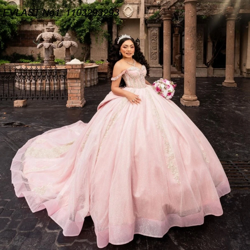 

EVLAST Customized Princess Pink Ball Gown Quinceanera Dress Lace Applique Beading Big Bow Sweet 16 Vestidos De 15 Anos E1Q935