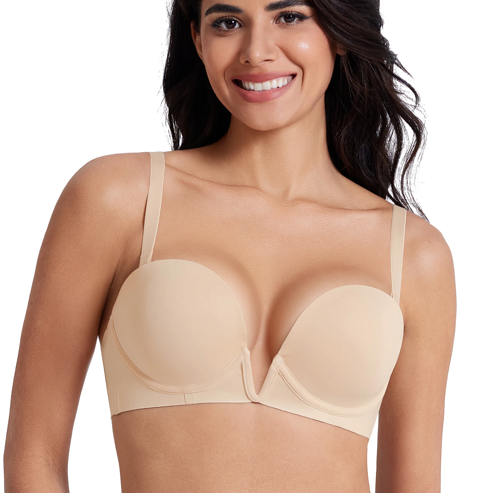 

New Women Bras Low Cut Sexy Plunge Brassiere Elastic Open Underwire Deep U Lingerie Thin Cups Unlined Bra Push Up