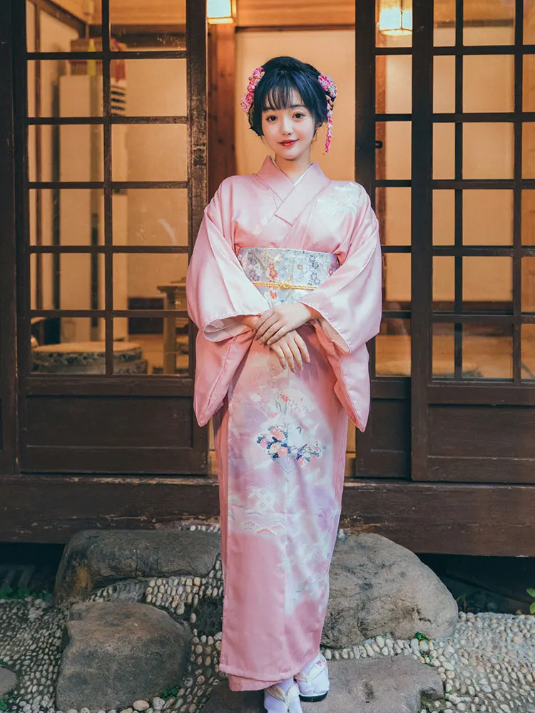 Women's Vintage Style Pink Color Long Dress Japanese Traditional Kimono Cosplay Costume Stage Performing Dress Four Seasons