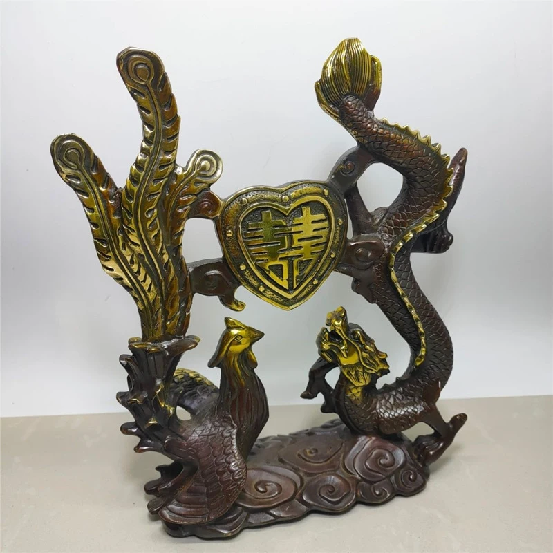 ornaments, brass auspicious decorations, double happiness wedding gift, phoenix and dragon