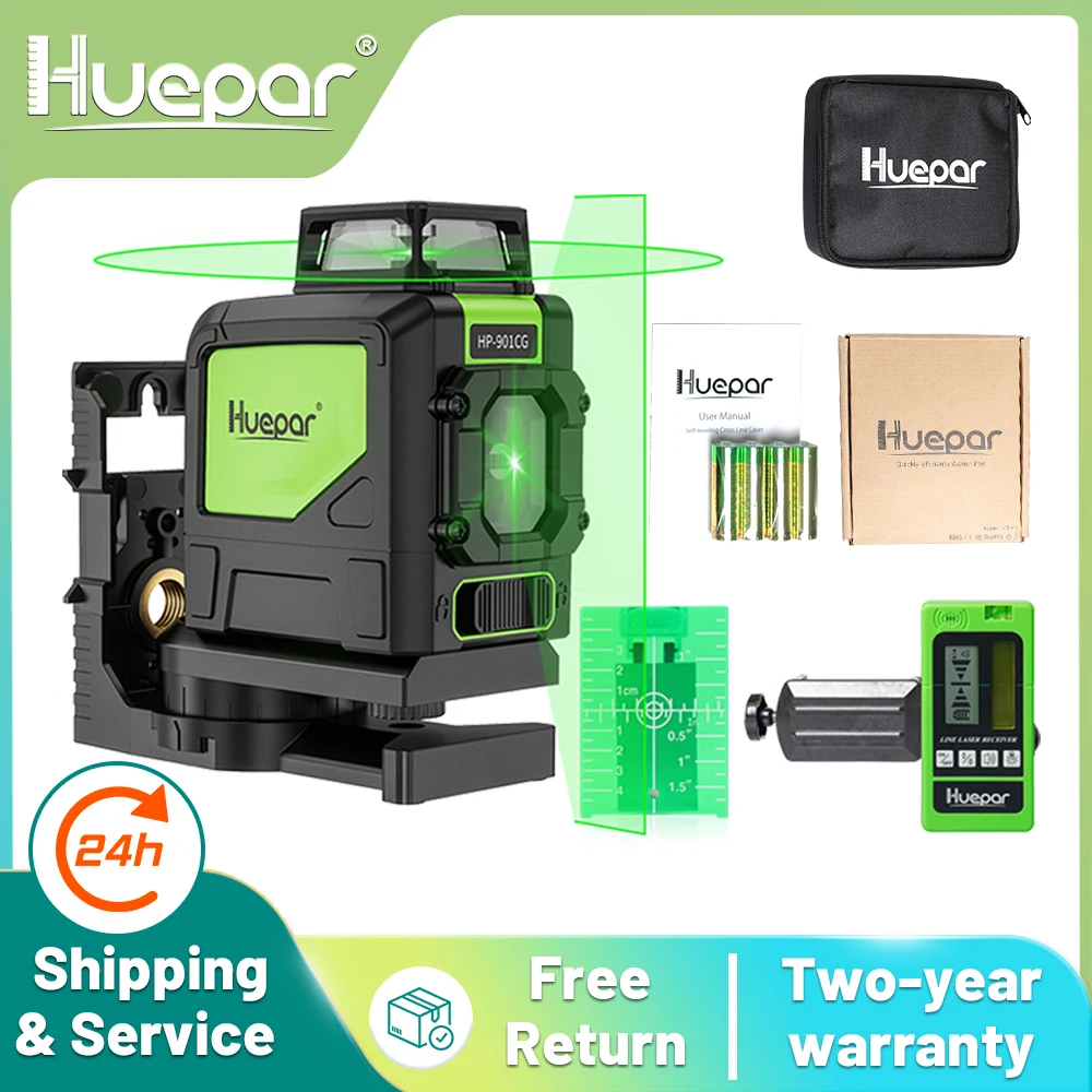 Huepar Laser Level Green Beam Cross Laser Self-leveling 360-Degree with 2 Pluse Modes+Huepar Digital LCD Laser Receiver Detector