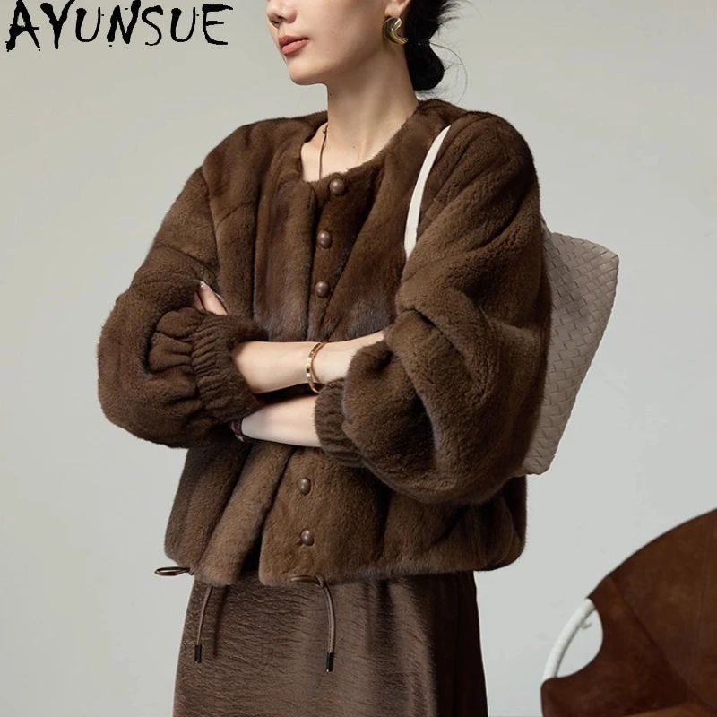 

AYUNSUE Luxury Natural Fur Coat Women Winter Clothes 2025 Whole Mink Real Fur Jacket Womens Coats New in Coats Шуба Женская