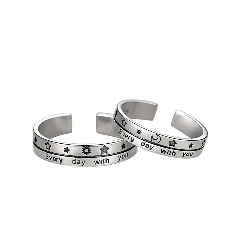 Anillos de plata de ley 925 auténtica, estrella de la Luna, todos los días con usted, anillo abierto Ajustable para amantes, regalo de joyería para fiesta de boda