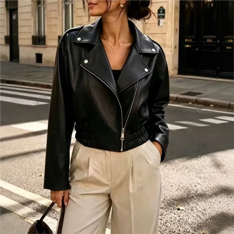 Women's Winter Jacket Faux Pu Leather Short Jacket Motorcycle Biker Female Zipper Lapel Loose Coat Outwear Bomber Jacket 2026