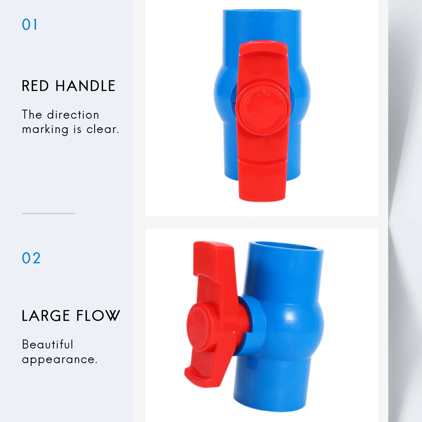 Válvula de bola U-PVC con palanca de mango rojo de puerto completo deslizante de 40 mm x 40 mm azul