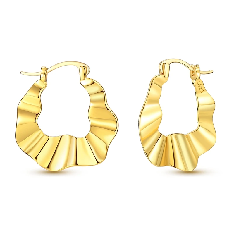 

925 Sterling Silver Earrings Women Golden Toned Pleated Hoop Earring For Anniversary Wedding Jewelry Gifts