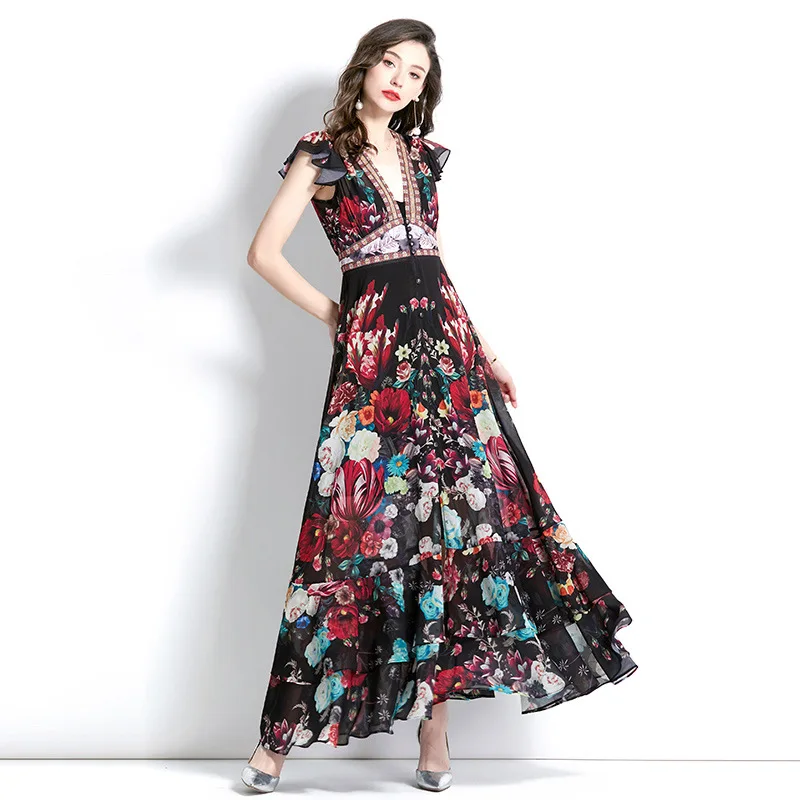 2024 moda pista lindo flor chiffon em cascata babados vestido feminino decote em v profundo manga longa floral impressão boho robe vestido