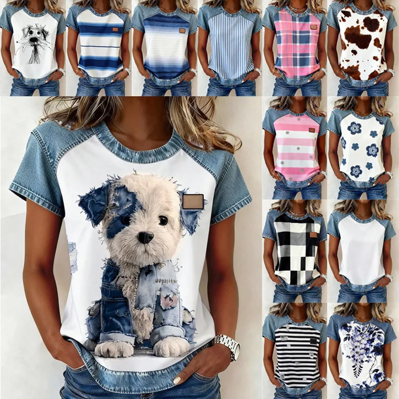 2026 Women's Summer New Fashion Round Neck Right Shoulder Casual Versatile Color Block Printed Short Sleeve Loose Top for Women