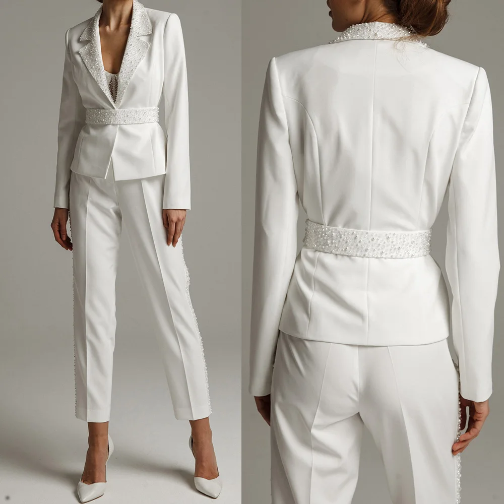 

Pearl Women Pants Suits 2 Pcs Luxury Beaded Blazer Jacket With Belt Suits Wedding Guest Formal Wear Evenings Party Outfit