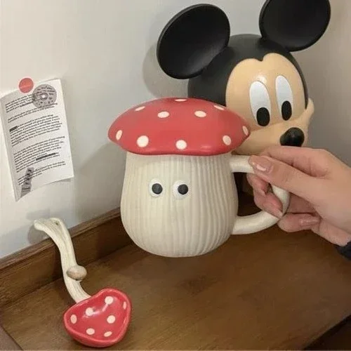 Cute red mushroom shape with lid ceramic mug spoon coffee cup large capacity underglaze 01