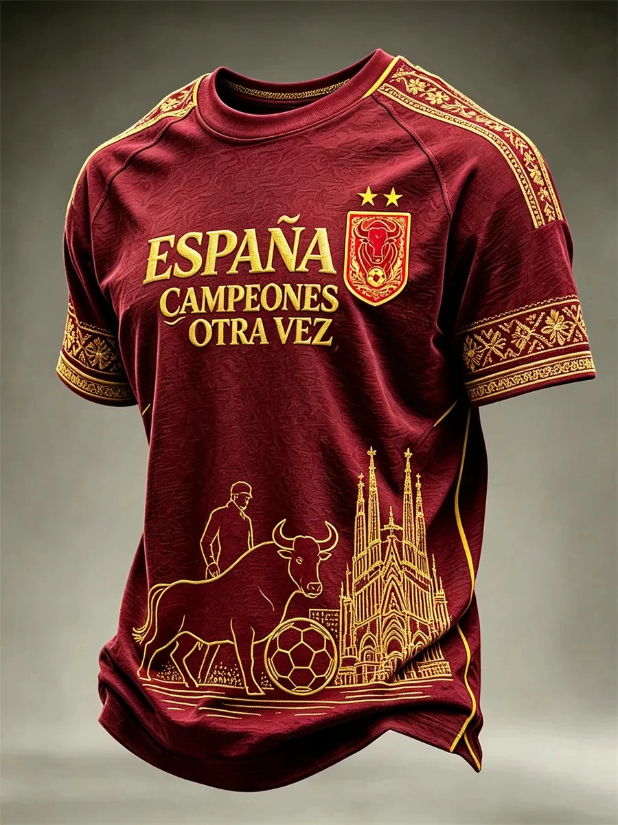 Spain Champions Again Men's Football Jersey Crew Neck Short Sleeve Red Gold Bull Graphic Fan Shirt Casual Summer Sports Top Wear
