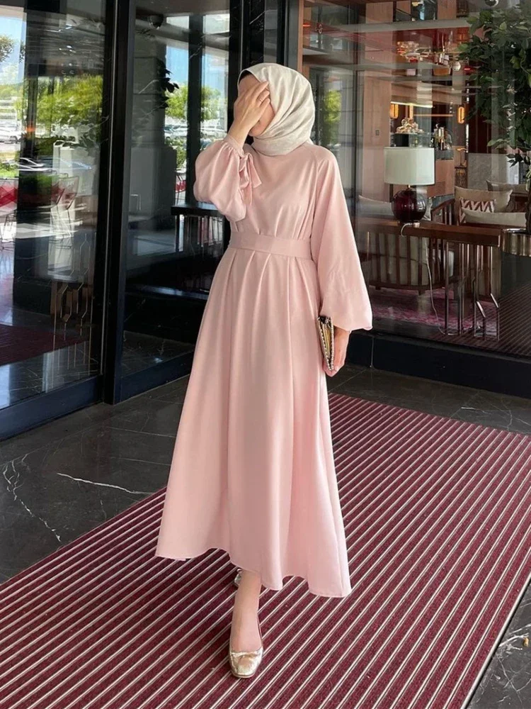 Vestido musulmán Eid para mujer Abaya Marruecos Ramadán con cordones Abayas Kaftan Islam manga acampanada sólido Dubai árabe modesto vestido largo