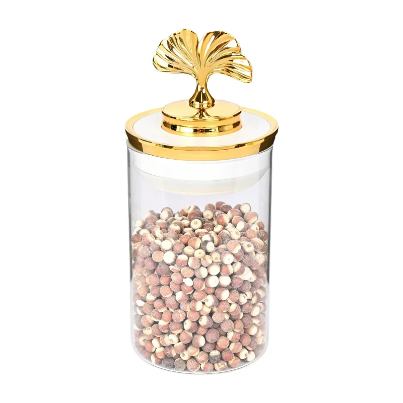 European Luxury Brass Ginkgo Leaf Glass Sealed Jar with Lid Kitchen Moisture-proof Jar Coffee Bean Tea Sugar Jar Food Container