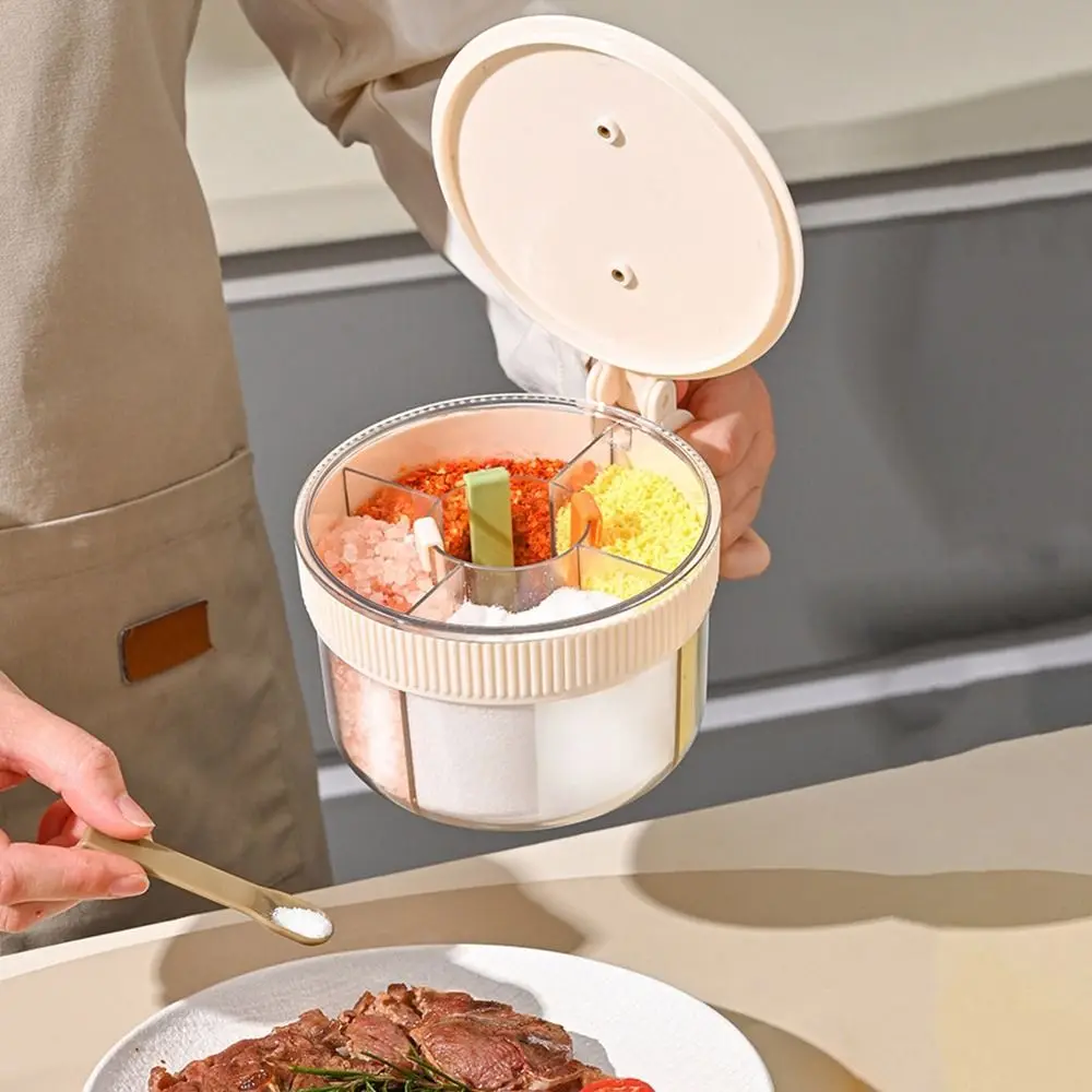 

Convenient Sealed 4 Grids Seasoning Box Dustproof Moisture-proof Seasoning Jar with Spoons Plastic Salt Organizer for Home