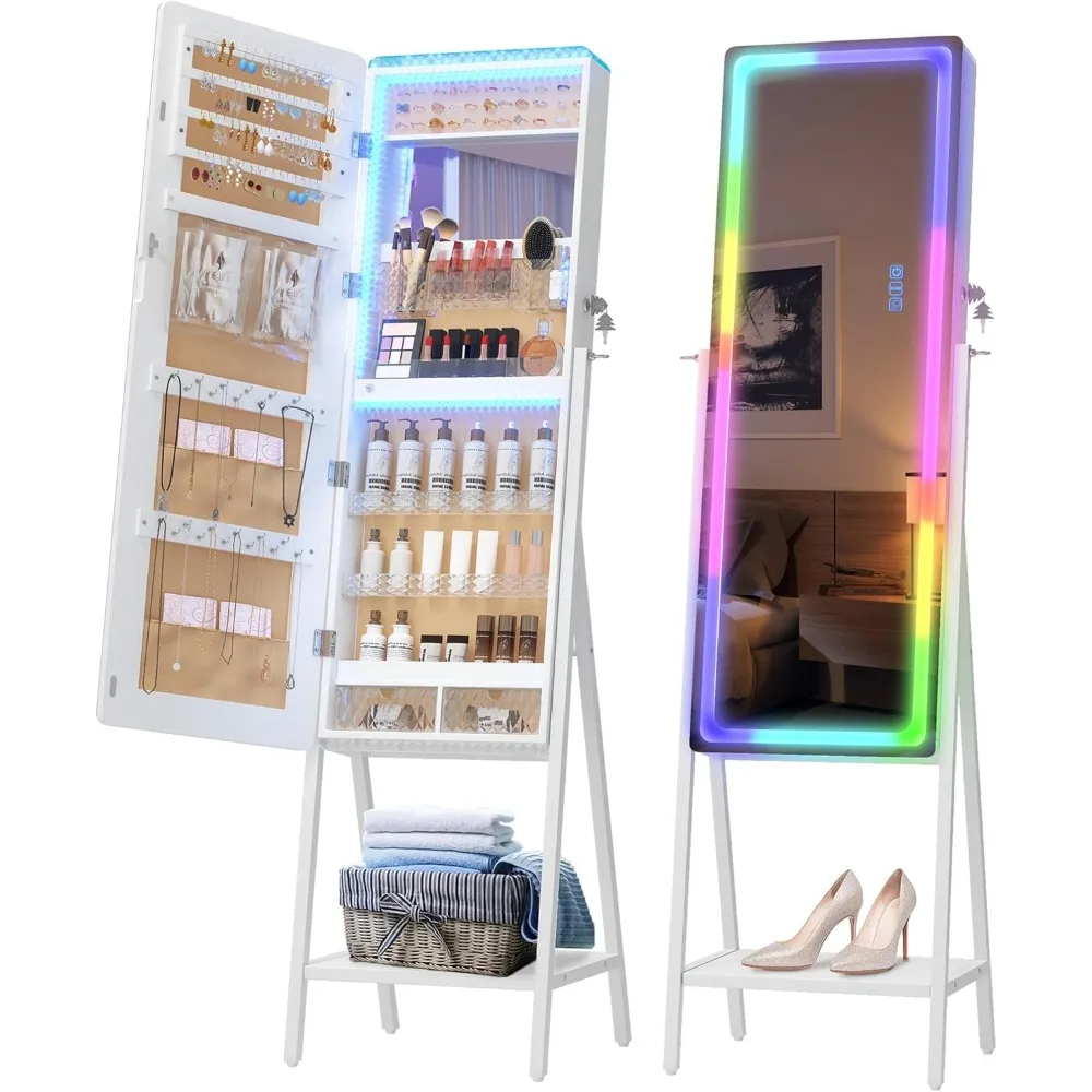 LED Lighted Floor Mirror, 14 Lights + Dimmable + Adjustable Speed, Full-Length Mirror with Jewelry Storage, Armoire Organizer