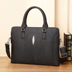 New Genuine Leather Men's Double Pull Handbag Large Capacity Fashion Briefcase Pearl Fish Computer Bag Business Crossbody Bag