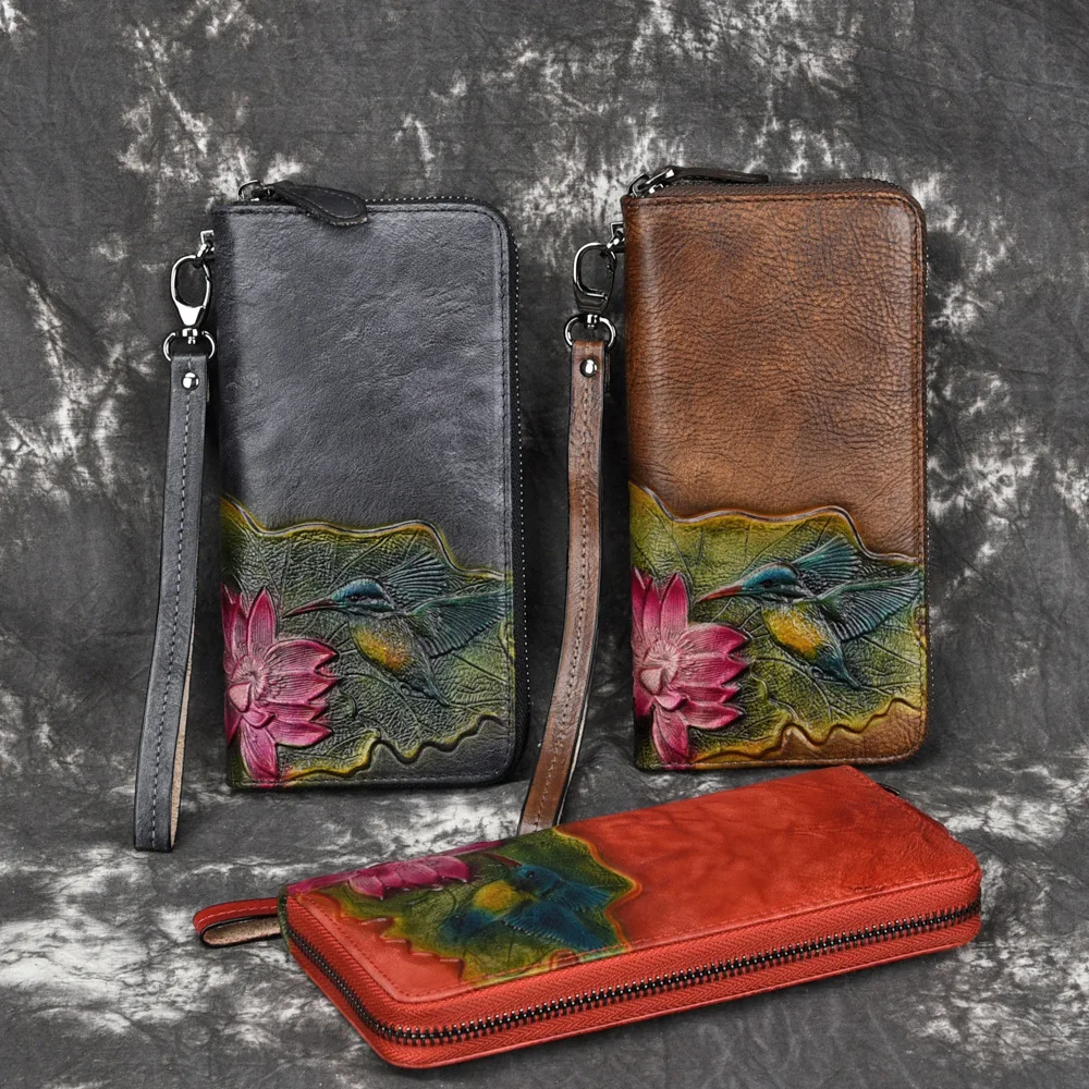 

New tree paste leather wallet, women's embossed long zipper wallet, retro cowhide clutch bag, fashionable, simple and versatile,