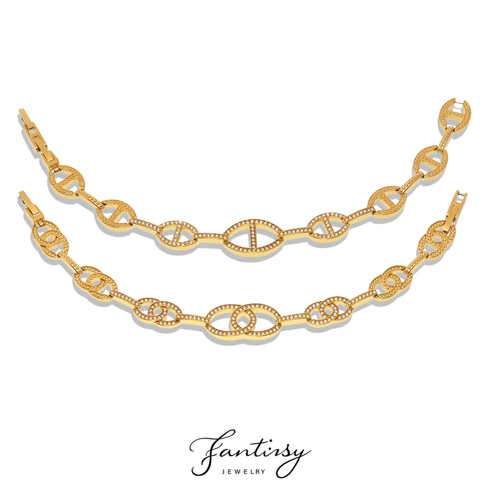 Nova Pulseira de Aço Inoxidável 316 Dourada para Mulheres, Luxuosa com Zircônia, Pulseira Banho de Ouro 18K, Joias à Prova d'Água