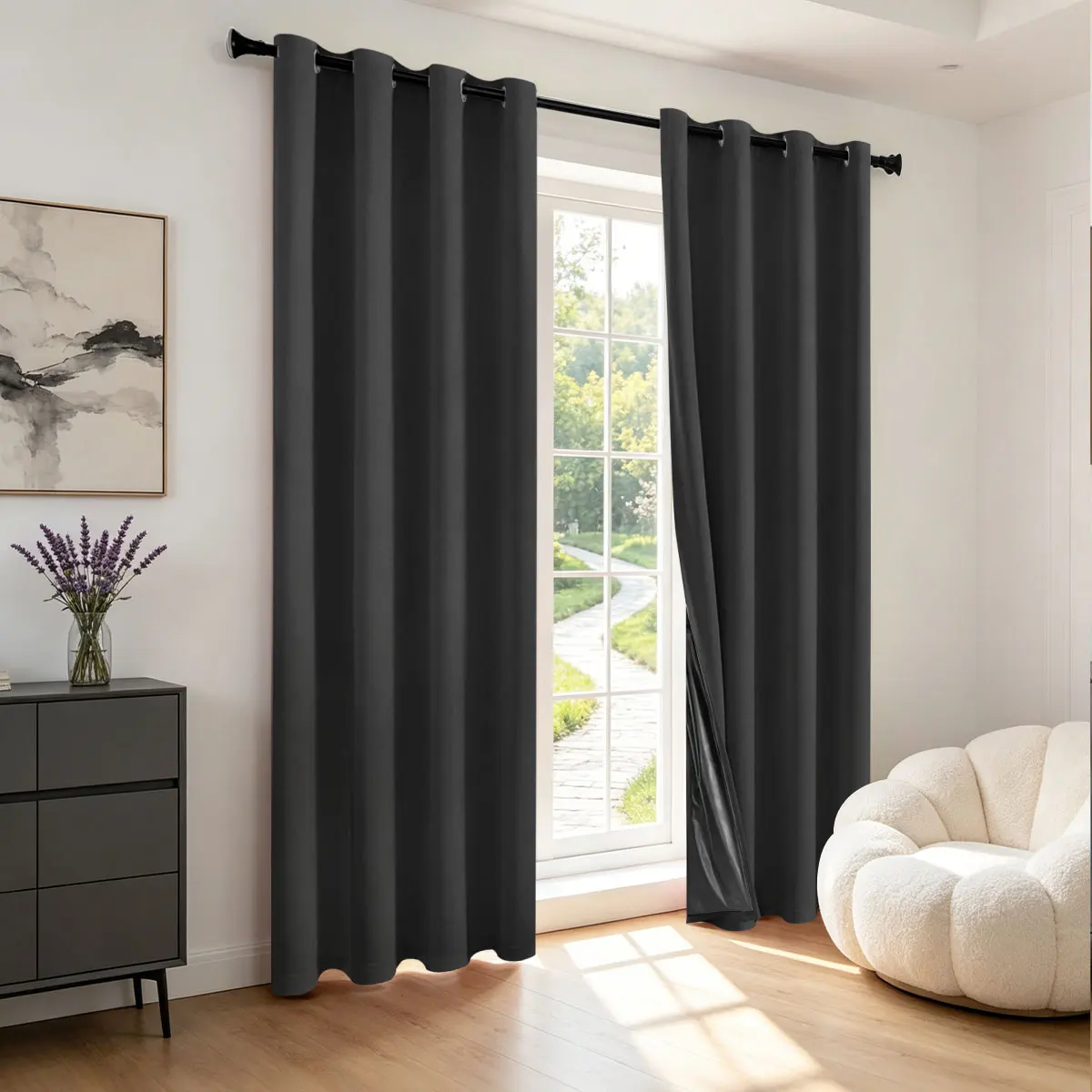 2pcs Matte Black 100% Light Blocking Grommet Curtain Panels, Neutral Wabi Sabi Workwear Style, UV Block Weighted Hem Window Cur