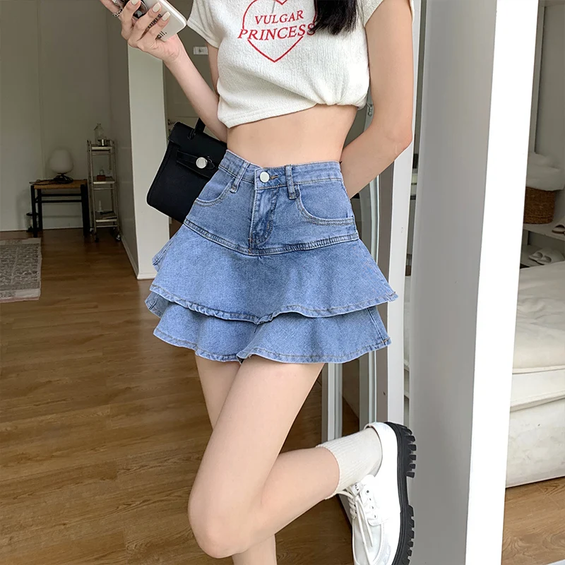 falda de Cintura Alta con Corte en A y Ribete de Encaje, Estilo Coreano, Color Puro, Falda Corta de Verano, Falda de Medi...