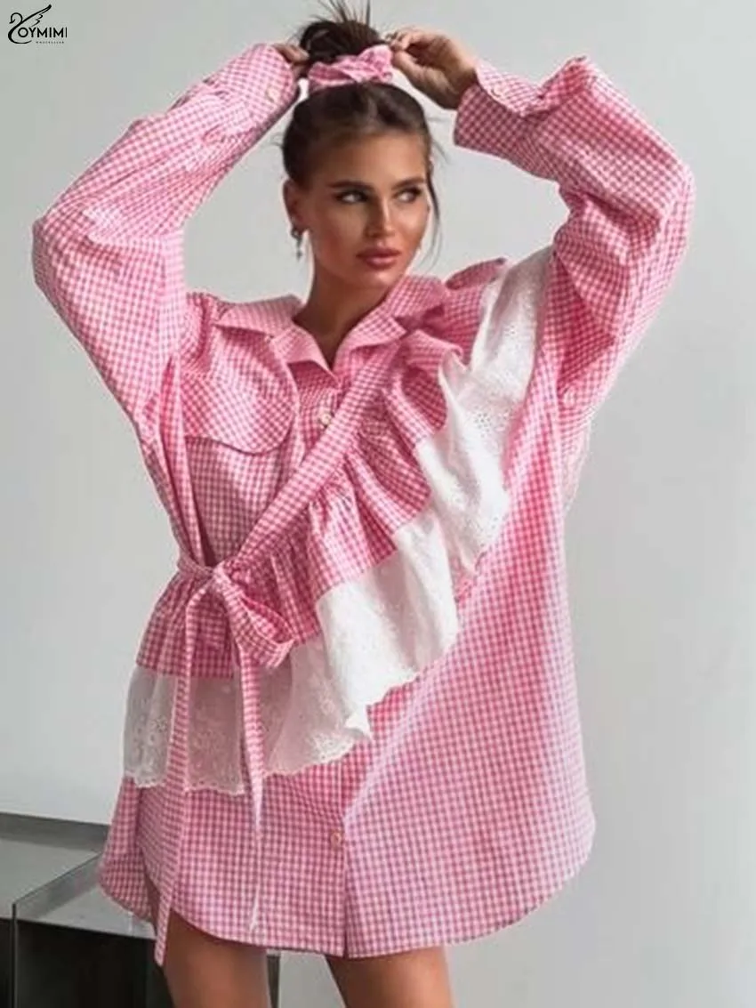 Oymimi Casual Red Print 2 Piece Sets Woman Outfits Elegant Long Sleeve Cotton Button Pockets Shirts And Lace-Up Mini Skirts Sets