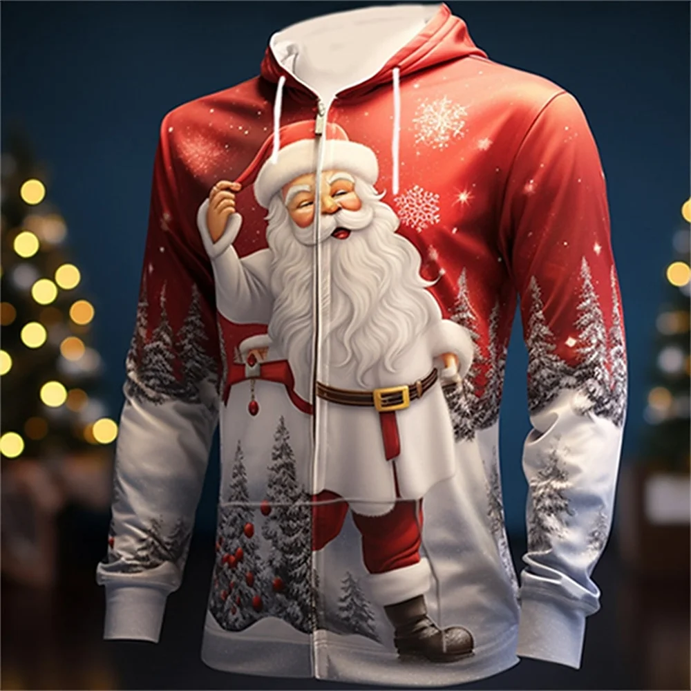 3d Christmas Festival Men\'s Zipper Hoodies Fashion Santa Claus Clothes For Men Clothing Oversized Tops Long Sleeve Sweatshirt