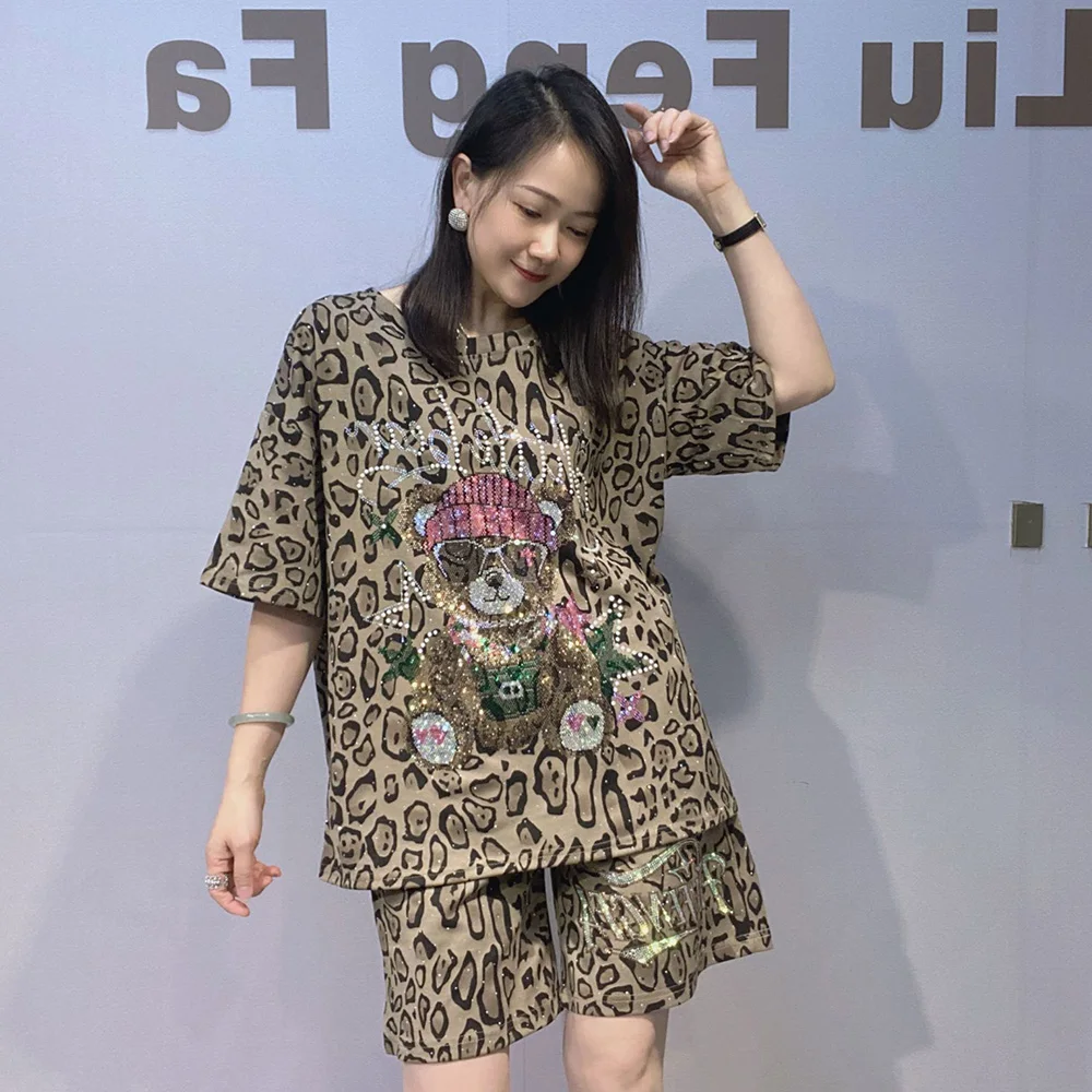 Leopard Cartoon Bear Short Sleeve T Shirt & Short Pant Sets Woman Outfits Oveesized 2 Piece Set 2026 Summer Outwear Bust120cm - view 2